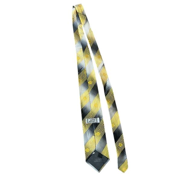 Gianni Versace Stripped Medusa Yellow Gray Silk Twill Tie - Picture 8 of 11